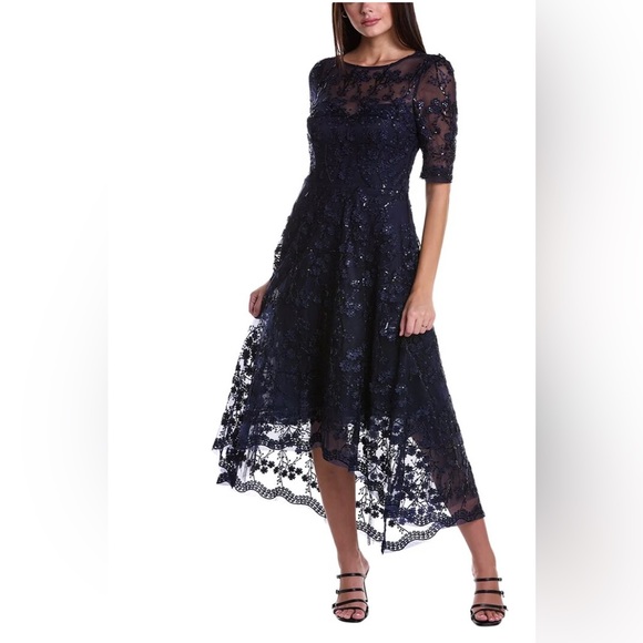 TERI JON BY RICKIE FREEMAN - MIDI - NWT - Size 4 -Beautiful Cocktail Dress -Navy - Picture 1 of 6